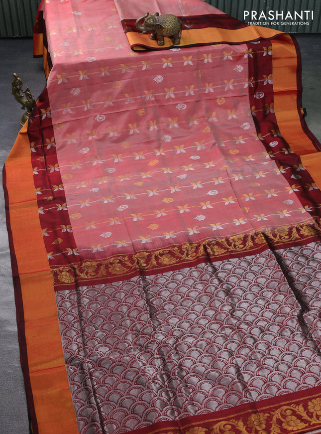Pure uppada silk saree red shade and maroon with allover silver & gold zari weaves and zari woven border