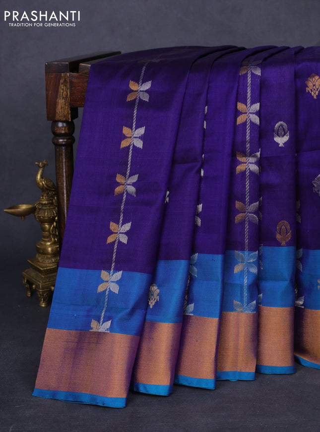 Pure uppada silk saree navy blue and teal blue with allover silver & gold zari weaves and zari woven border