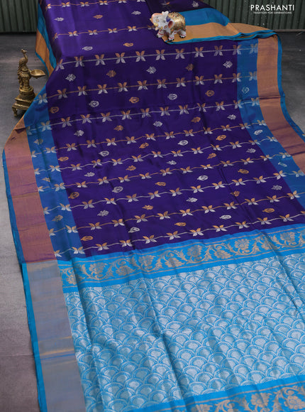 Pure uppada silk saree navy blue and teal blue with allover silver & gold zari weaves and zari woven border