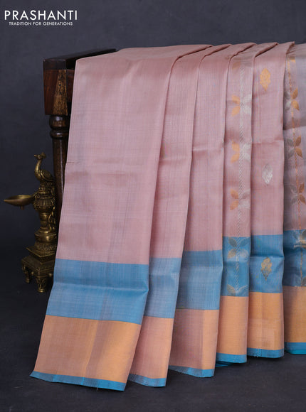 Pure uppada silk saree pastel peach and teal blue with allover silver & gold zari weaves and zari woven border