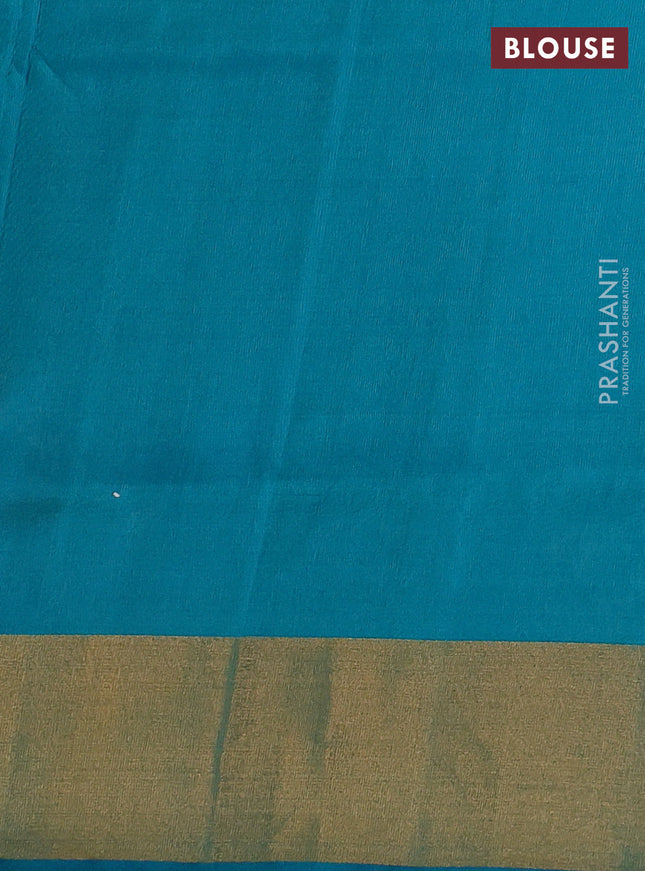 Pure uppada silk saree pastel peach and teal blue with allover silver & gold zari weaves and zari woven border