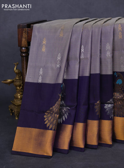 Pure uppada silk saree dual shade of grey and navy blue with silver & gold zari woven buttas and zari woven border