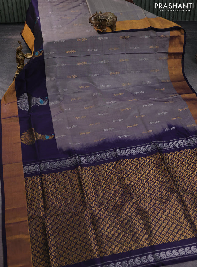 Pure uppada silk saree dual shade of grey and navy blue with silver & gold zari woven buttas and zari woven border
