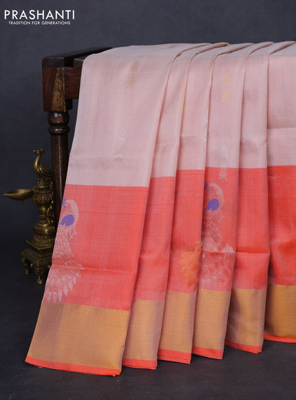 Pure uppada silk saree pastel peach and dual shade of orange with silver & gold zari woven buttas and zari woven border