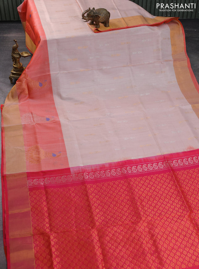 Pure uppada silk saree pastel peach and dual shade of orange with silver & gold zari woven buttas and zari woven border