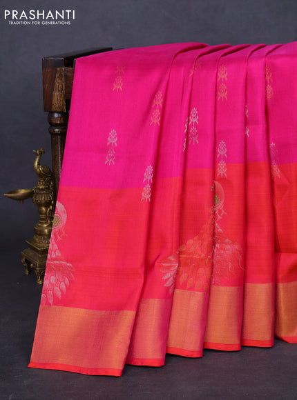Pure uppada silk saree pink and dual shade of orange with silver & gold zari woven buttas and zari woven border