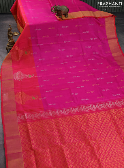 Pure uppada silk saree pink and dual shade of orange with silver & gold zari woven buttas and zari woven border