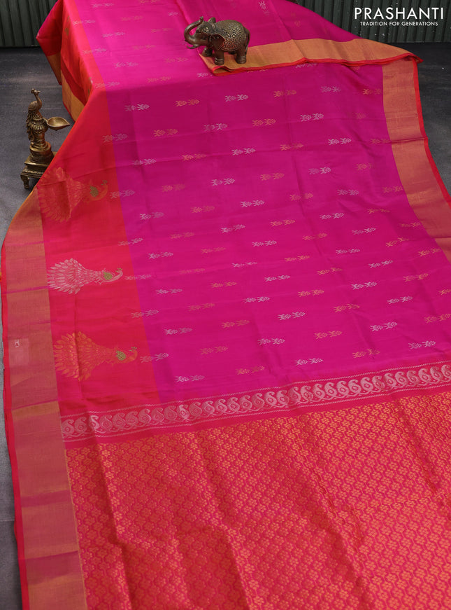 Pure uppada silk saree pink and dual shade of orange with silver & gold zari woven buttas and zari woven border