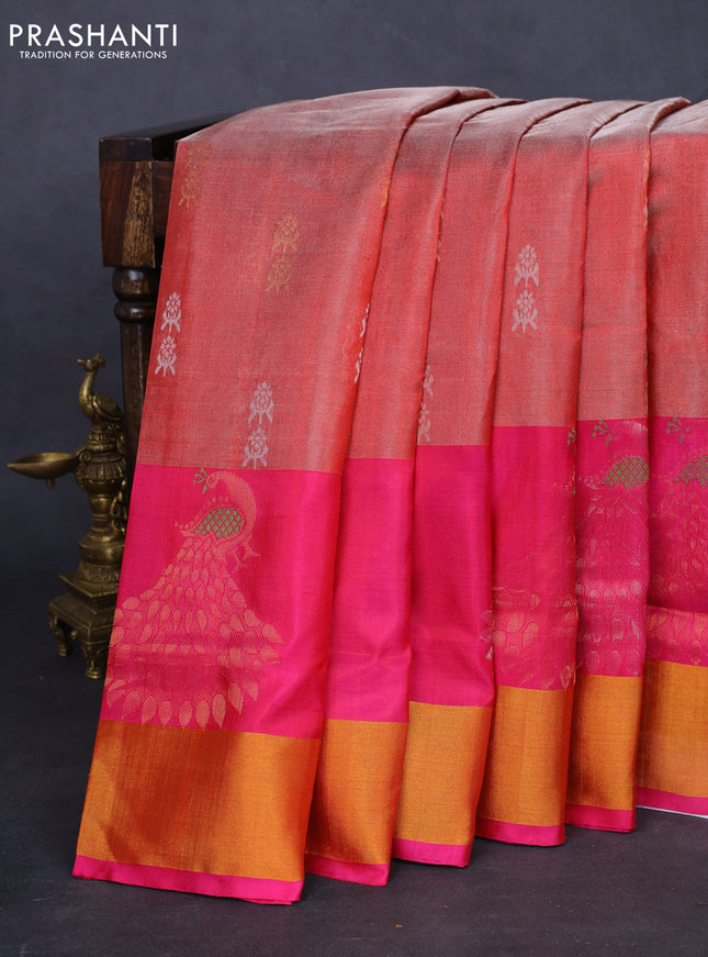 Pure uppada tissue silk saree red and pink with silver & gold zari woven buttas and zari woven border