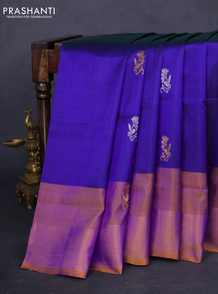 Pure uppada silk saree dual shade of blue and mustard yellow with silver & gold zari woven buttas and zari woven border