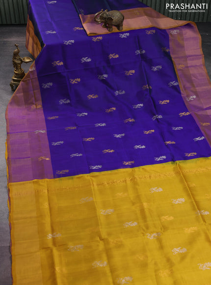 Pure uppada silk saree dual shade of blue and mustard yellow with silver & gold zari woven buttas and zari woven border