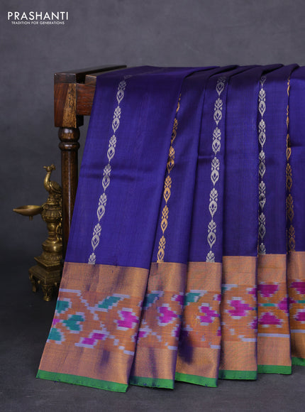 Pure uppada silk saree navy blue and green with silver & gold zari woven butta weaves and ikat design zari woven border