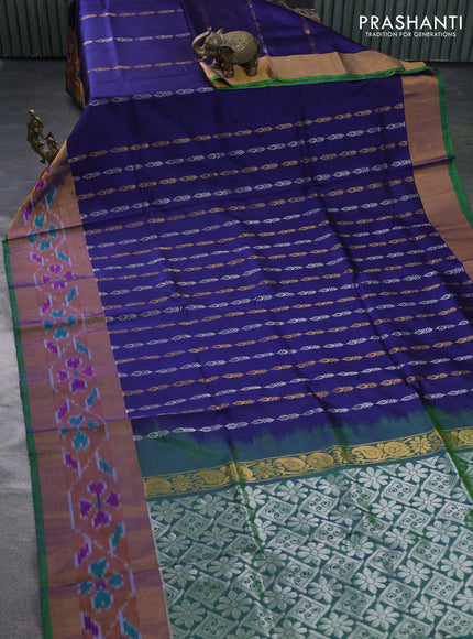 Pure uppada silk saree navy blue and green with silver & gold zari woven butta weaves and ikat design zari woven border