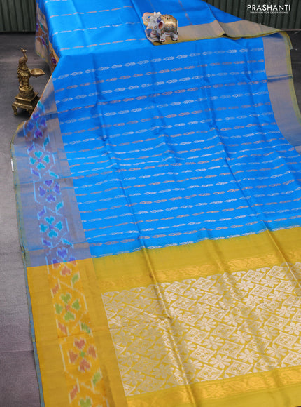 Pure uppada silk saree cs blue and yellow with silver & gold zari woven butta weaves and ikat design zari woven border