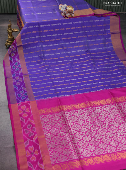 Pure uppada silk saree blue and pink with silver & gold zari woven butta weaves and ikat design zari woven border