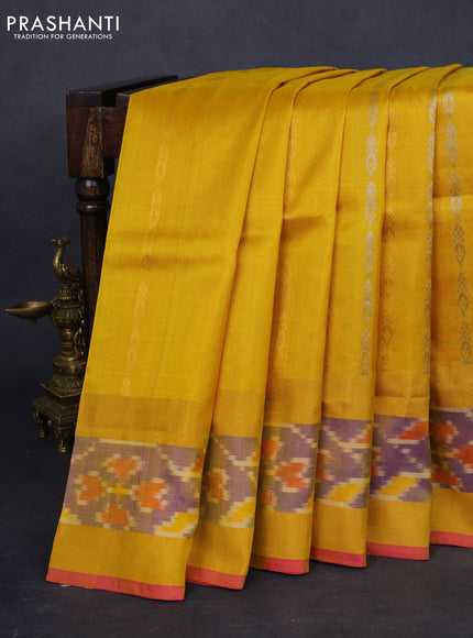 Pure uppada silk saree mustard yellow and pink with silver & gold zari woven butta weaves and ikat design zari woven border