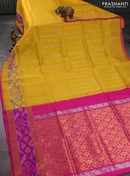 Pure uppada silk saree mustard yellow and pink with silver & gold zari woven butta weaves and ikat design zari woven border