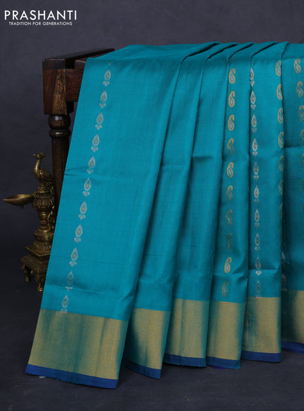 Pure uppada silk saree teal green and blue with silver & gold zari woven butta weaves and zari woven border