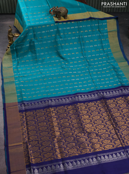 Pure uppada silk saree teal green and blue with silver & gold zari woven butta weaves and zari woven border