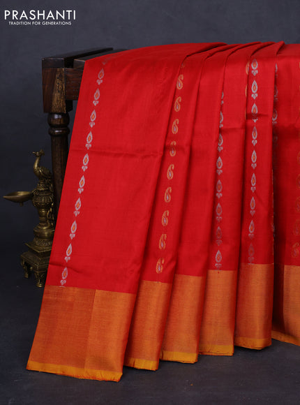 Pure uppada silk saree red and mustard shade with silver & gold zari woven butta weaves and zari woven border