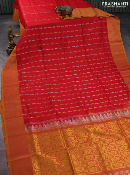 Pure uppada silk saree red and mustard shade with silver & gold zari woven butta weaves and zari woven border