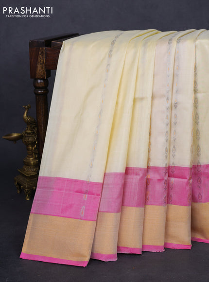 Pure uppada silk saree cream and pink with silver & gold zari woven butta weaves and zari woven border