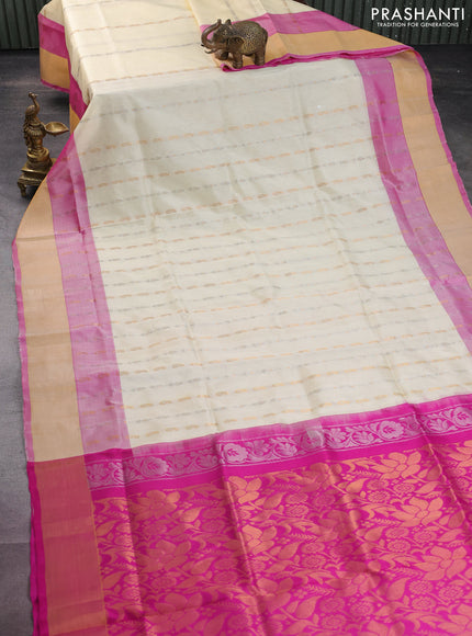 Pure uppada silk saree cream and pink with silver & gold zari woven butta weaves and zari woven border