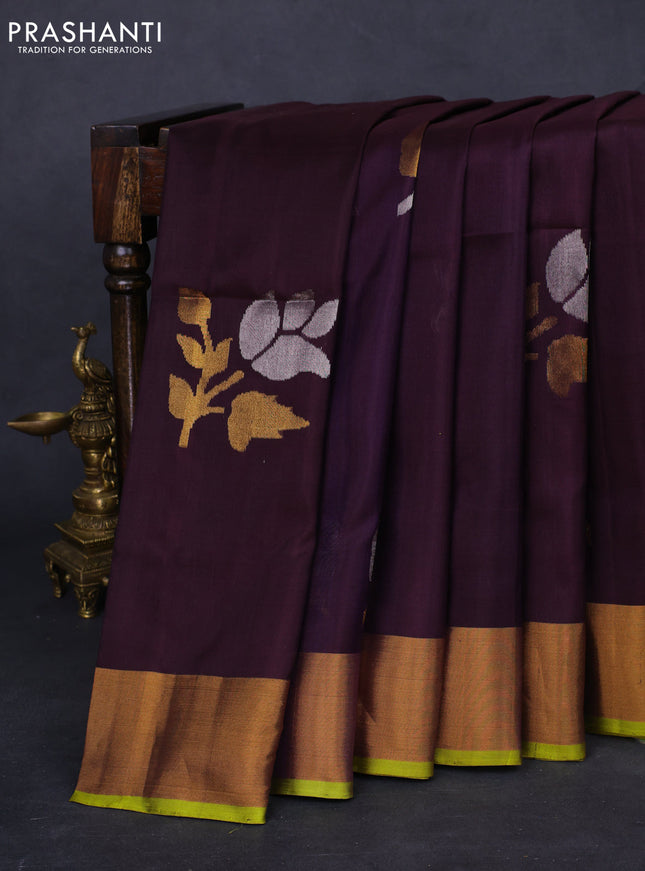 Pure uppada silk saree deep wine shade and fluorescent green with jamdhani zari woven buttas and zari woven border