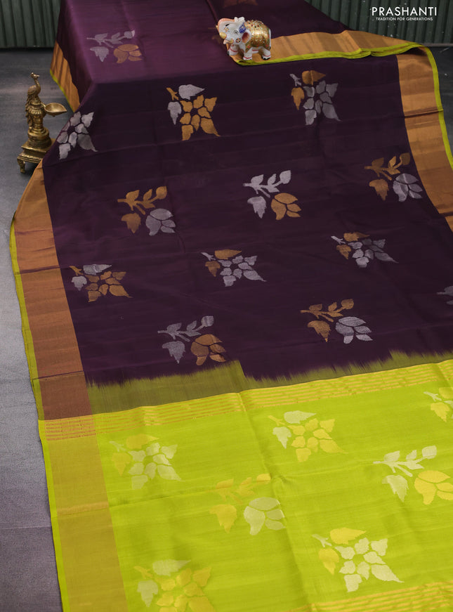 Pure uppada silk saree deep wine shade and fluorescent green with jamdhani zari woven buttas and zari woven border