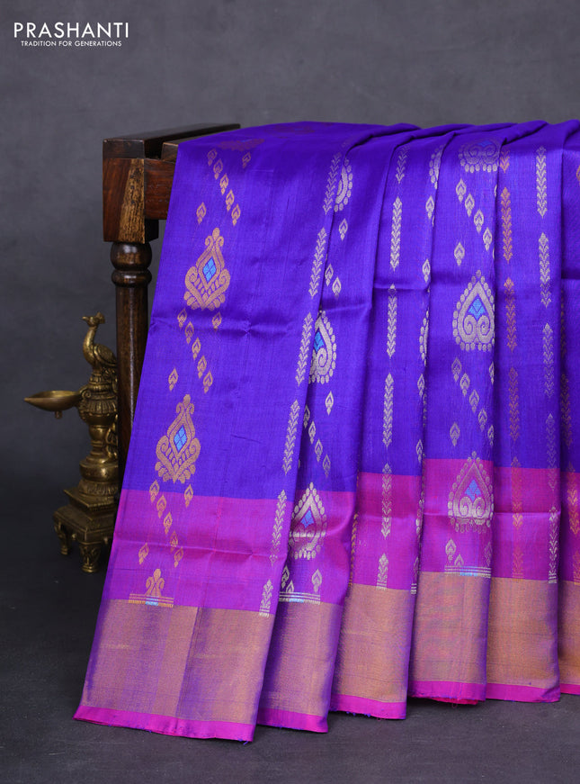 Pure uppada silk saree blue and pink with allover silver & gold zari weaves and rettapet zari woven border