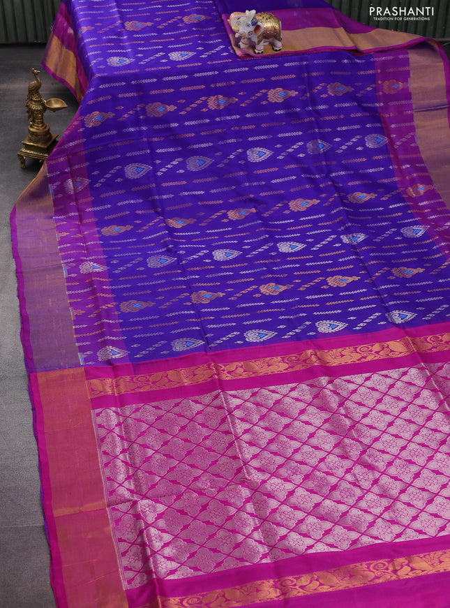 Pure uppada silk saree blue and pink with allover silver & gold zari weaves and rettapet zari woven border