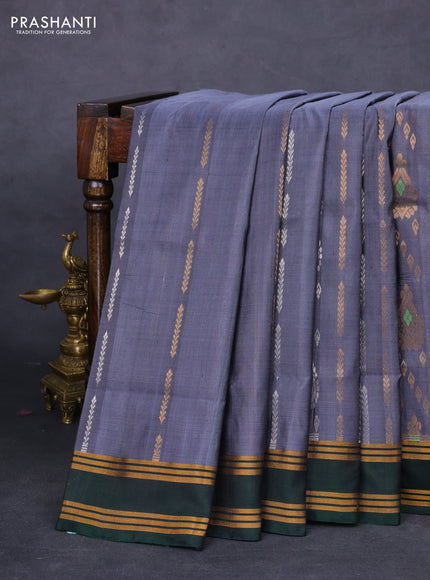 Pure uppada silk saree grey and bottle green with allover silver & gold zari weaves and rettapet zari woven border