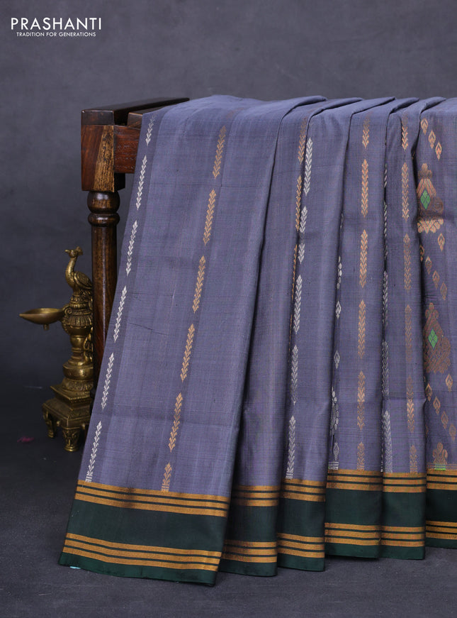 Pure uppada silk saree grey and bottle green with allover silver & gold zari weaves and rettapet zari woven border