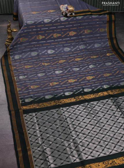 Pure uppada silk saree grey and bottle green with allover silver & gold zari weaves and rettapet zari woven border