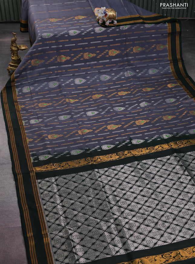 Pure uppada silk saree grey and bottle green with allover silver & gold zari weaves and rettapet zari woven border