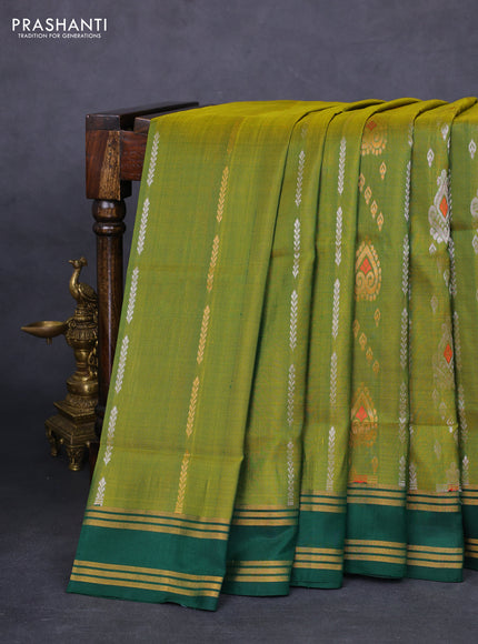 Pure uppada silk saree light green and dark green with allover silver & gold zari weaves and rettapet zari woven border