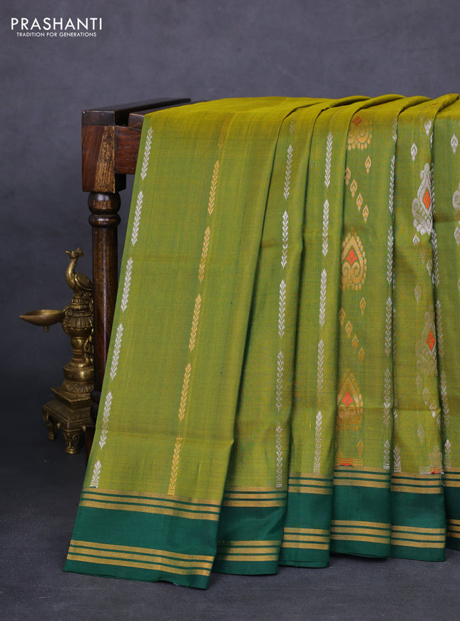 Pure uppada silk saree light green and dark green with allover silver & gold zari weaves and rettapet zari woven border