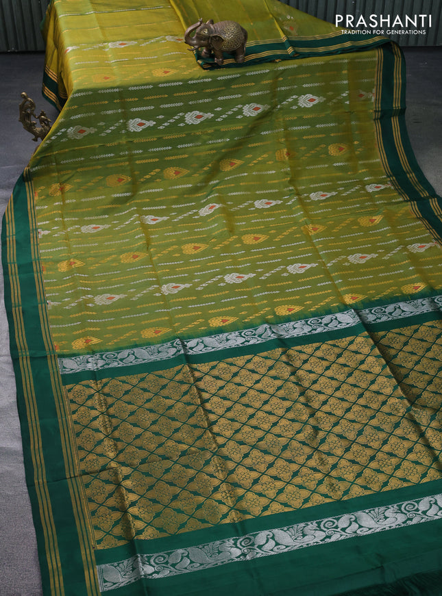 Pure uppada silk saree light green and dark green with allover silver & gold zari weaves and rettapet zari woven border