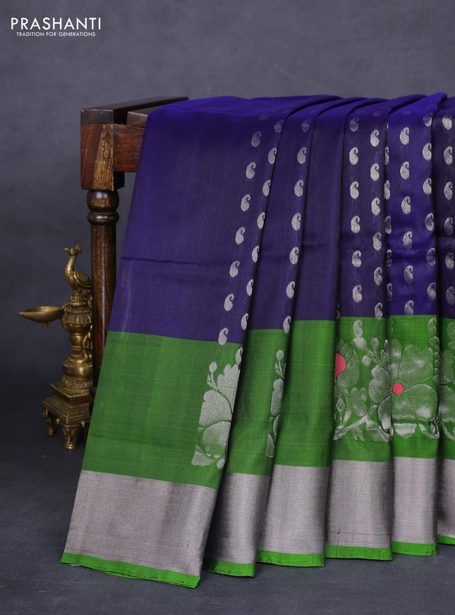 Pure uppada silk saree dark blue and light green with allover silver zari woven paisley buttas and long floral design zari woven border