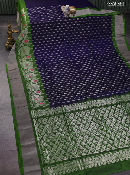 Pure uppada silk saree dark blue and light green with allover silver zari woven paisley buttas and long floral design zari woven border