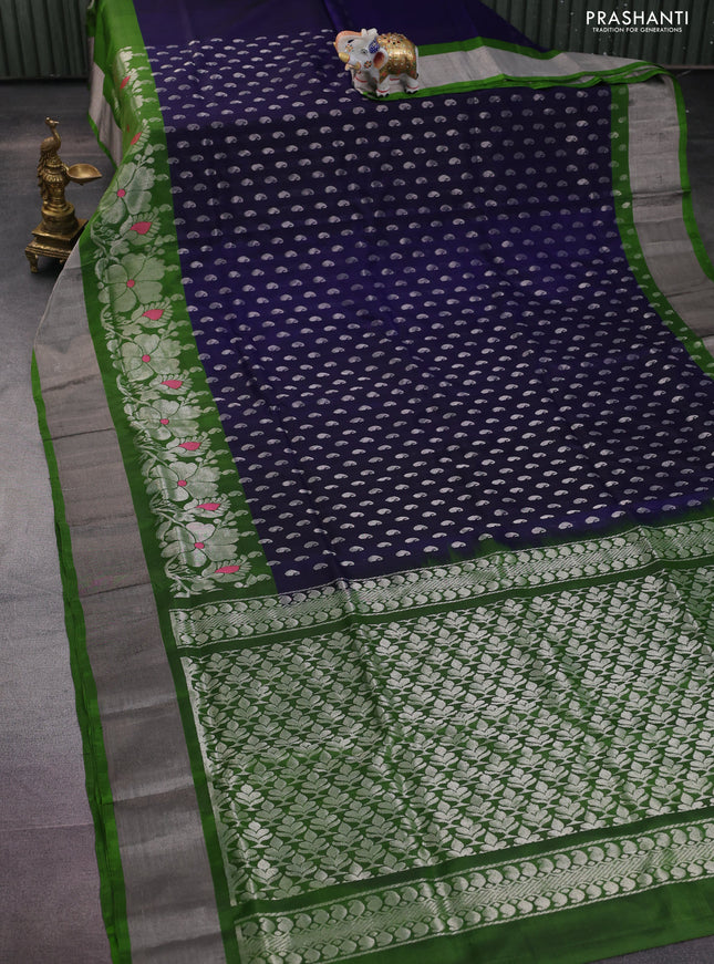 Pure uppada silk saree dark blue and light green with allover silver zari woven paisley buttas and long floral design zari woven border