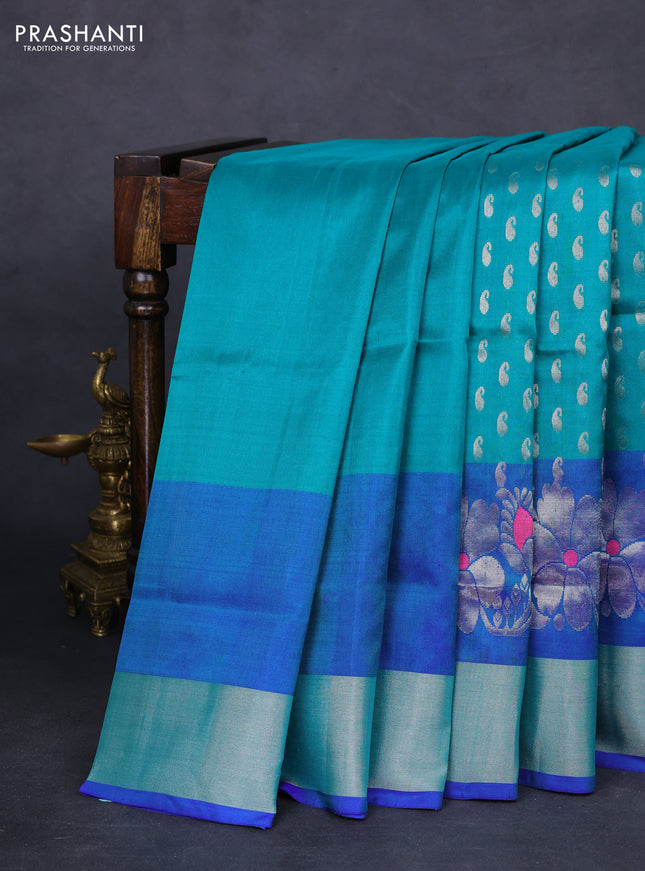 Pure uppada silk saree teal green and blue with allover silver zari woven paisley buttas and long floral design zari woven border