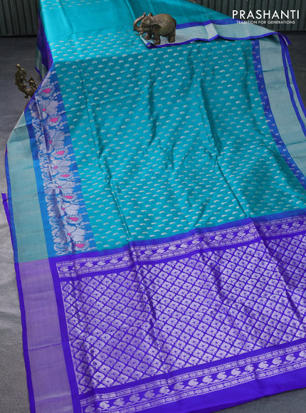 Pure uppada silk saree teal green and blue with allover silver zari woven paisley buttas and long floral design zari woven border
