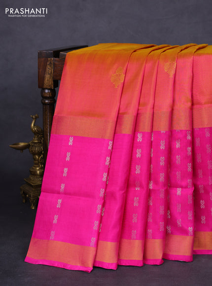 Pure uppada silk saree dual shade of yellowish pink and pink with zari woven buttas and long zari woven butta border
