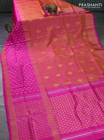 Pure uppada silk saree dual shade of yellowish pink and pink with zari woven buttas and long zari woven butta border