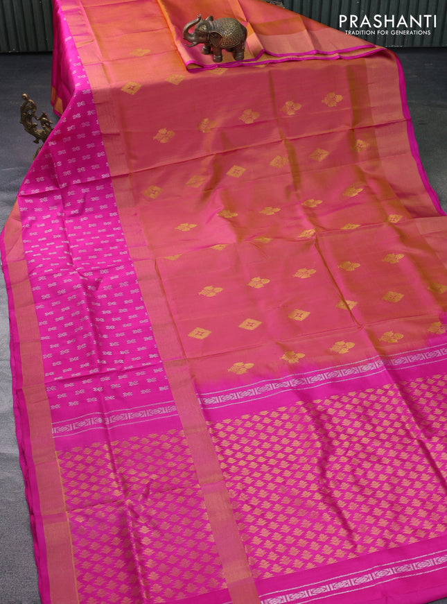 Pure uppada silk saree dual shade of yellowish pink and pink with zari woven buttas and long zari woven butta border