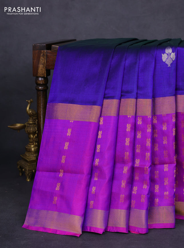 Pure uppada silk saree blue and pink with silver zari woven buttas and long zari woven butta border