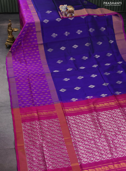 Pure uppada silk saree blue and pink with silver zari woven buttas and long zari woven butta border