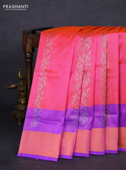 Pure uppada silk saree dual shade of peach pink and blue with allover silver & gold zari weaves and zari woven border
