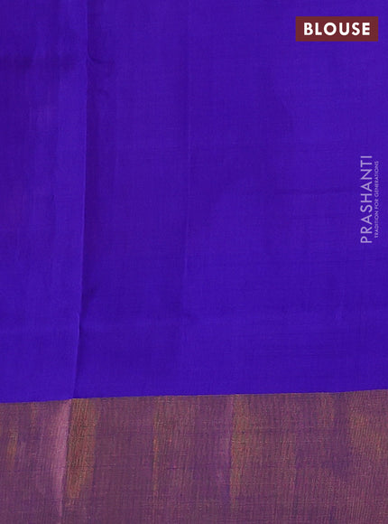 Pure uppada silk saree dual shade of peach pink and blue with allover silver & gold zari weaves and zari woven border